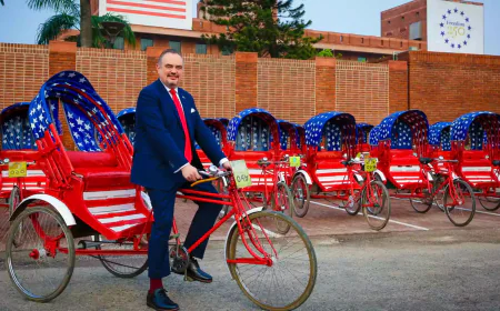 US marks 250th anniversary with red, white, and blue rickshaws in Dhaka