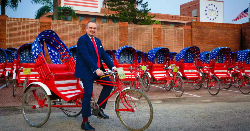 US marks 250th anniversary with red, white, and blue rickshaws in Dhaka
